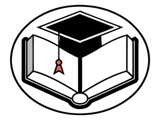 Graduation cap and open book emblem for education and learning