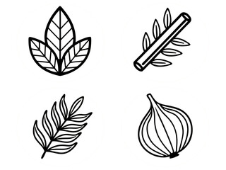 Four simple black and white icons of plants and vegetables on an white background