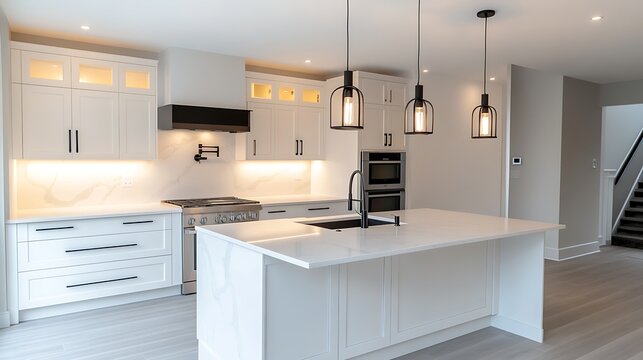 Clean white kitchen with icy marble countertops, smooth birchwood island with inset sink and integrated lighting, matte black pendants overhead.