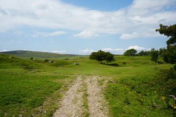 Scenic view of a grassy trail winding through rolling hills under a blue sky at Solomons Temple in The Peak District, England.