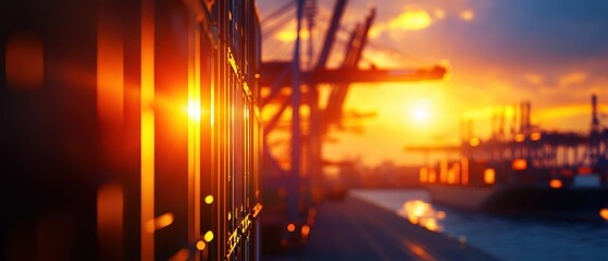 A vibrant sunset at a busy shipping port highlights containers and cranes, blending industrial activity with warm natural light.