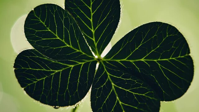 Unique four-leaf clover on bright green background conveys luck, blessing, rarity, destiny, hope, natural wonder, fortunate path, opportunity, joyful discovery