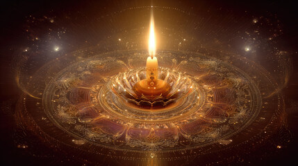 Illuminated candle in a golden decorative arrangement on a dark cosmic background