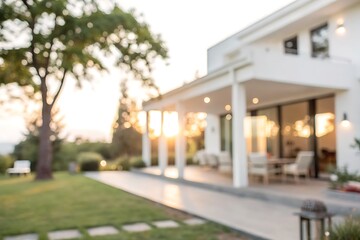 Fototapeta premium Elegant Modern Home Exterior with Sunlight and Green Landscape in Soft Focus at Sunset