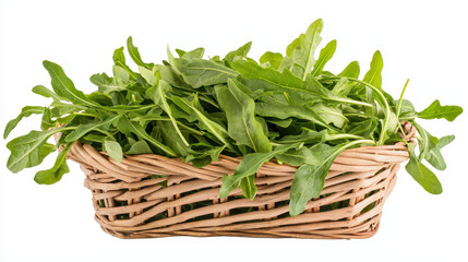 Naklejka premium Fresh greens in woven basket create vibrant and healthy display, perfect for salads and cooking
