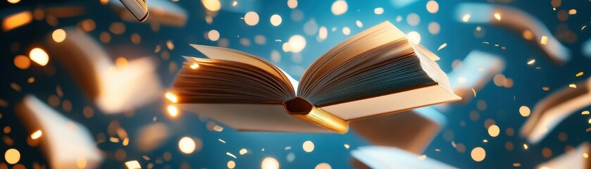 An open book floats mid-air, surrounded by glowing bokeh lights and other blurred flying books, creating a magical and inspiring atmosphere.