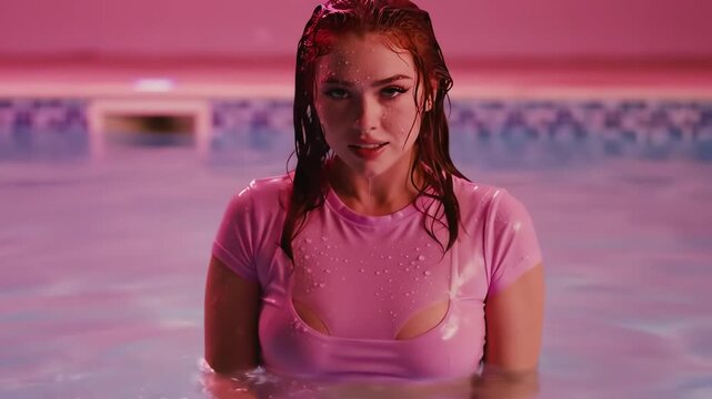 Alluring young woman with wet hair in a pink t-shirt standing in a swimming pool under cinematic neon lighting