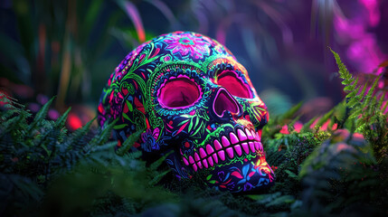 Bright glowing sugar skull surrounded by lush greenery, showcasing vibrant colors and intricate designs, evoking mystical
