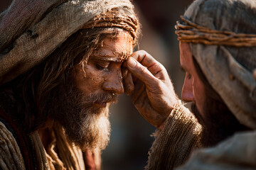 Biblical Healing at Sunset. Jesus Christ healing the blind man with mud and clay.