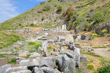 Scattered ruins in the ancient city of Pergamon, Bergama, Turkey, reflect its rich historical legacy and classical architectural grandeur, Bergama, Turkey.
