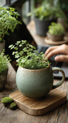 Indoor Plant Greenery Workspace Greenery Home Decor Potted Herbs Ceramics Succulents Rustic Ferns Coffee Mug Vibe Botanical Beauty Natural Vibrant Floral Soil Morning Light Zen Gardening Cultivation