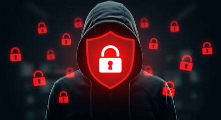 Hooded figure, obscured face, red shield with padlock, surrounded by digital locks, representing cybersecurity.