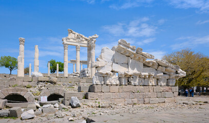 The Temple of Trajan in Pergamon features grand Roman architecture, towering columns, intricate stonework, and ancient imperial design, Bergama, Turkey.