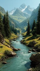 Majestic mountain landscape with a serene river flowing through lush green valleys under a clear blue sky