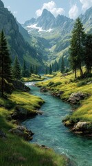 Obraz premium Stunning mountain landscape with a serene river winding through lush green meadows under a clear blue sky