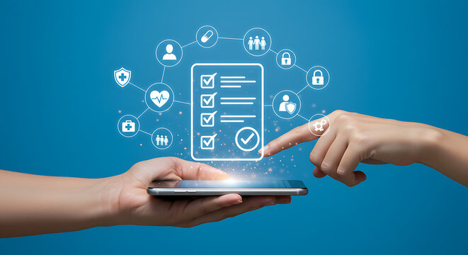Hands holding a smartphone displaying a checklist with medical icons surrounding it, indicating health management and digital healthcare.