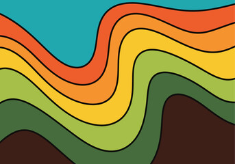 Groovy retro background design featuring wavy lines in teal, orange, yellow, green and brown hues, perfect for nostalgic themes.