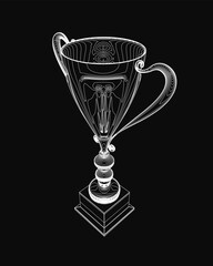 A black and white contour drawing of a trophy cup with intricate details, featuring a handle and spout on a dark background. The glossy finish enhances the elegant design.
