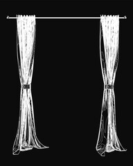 Two curtains hang on a clothes line in a detailed black and white sketch. The contour lines are intricate, with delicate shading and folds. The solid black background creates a striking contrast.
