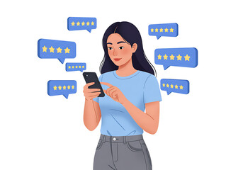 Woman using a smartphone, surrounded by positive online reviews.