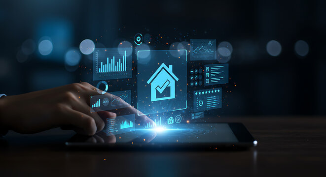 A hand interacts with a tablet displaying a house icon and data visualizations, suggesting smart home technology.