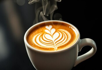 Steaming latte art in a white cup, freshly brewed coffee,  beverage,  coffee beans