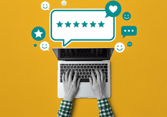 Hands typing on a laptop with positive online reviews displayed above.
