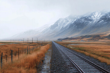 Fototapeta premium Foggy Railroad Tracks Leading Toward Snowy Mountains in Autumn Landscape