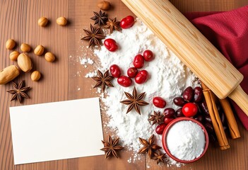 Spiced nuts, cranberries, cinnamon sticks, star anise, flour, sugar, rolling pin, wooden background, recipe card,   cinnamon,   winter
