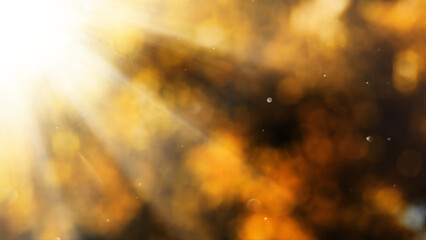 Rays of bright sun against bokeh background of yellow tree leaves and fine dust flying in the air. Beautiful abstract background.