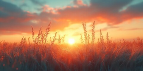 Sunset over a golden wheat field with vibrant clouds and serene atmosphere during early evening hours
