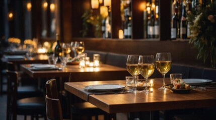 Elegant and select restaurant table Wine Glass and appetizers, on the bar table Soft light and romantic atmosphere dinner wedding service menue