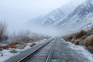 Fototapeta premium Foggy Railroad Tracks Leading Toward Snowy Mountains in Autumn Landscape