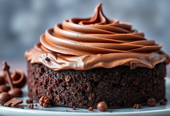 Swirled chocolate frosting atop a rich, decadent chocolate cake,  dessert,  treat