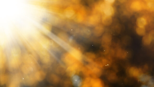 Rays of bright sun against bokeh background of yellow tree leaves and fine dust flying in the air. Beautiful abstract background.