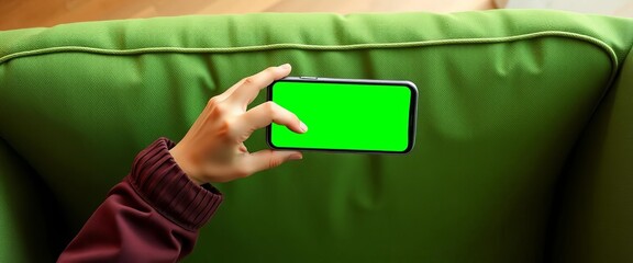 Top view of hands using phone on green screen sofa,  internet,  mobile