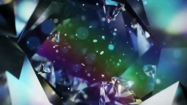 A mesmerizing slow motion flight through falling diamonds and crystals against a vibrant rainbow background - Powered by Adobe