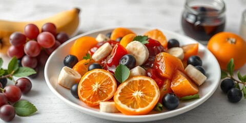 Vibrant fruit salad with grapes, tangerines, banana & slimming jam Healthy detox diet breakfast,   still life,   tasty