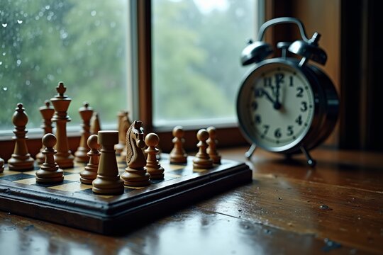 Strategy and time management concept with chessboard and classic alarm clock by rainy window on wooden table