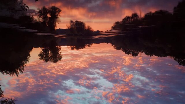 Upside down view of colorful sunset sky reflecting on still lake water. Beautiful natural landscape with dark trees and vibrant clouds for idyllic scenery footage