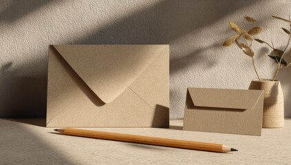 Beige envelopes, pencil, and dried flowers