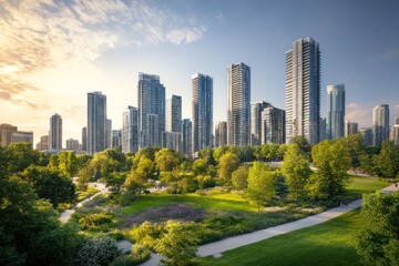 skyline with mixed-use towers and leafy urban park in foreground