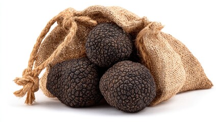 Three black truffle specimens nestled in a burlap sack