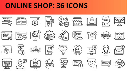 Online shop icon set with various e-commerce symbols and graphics  