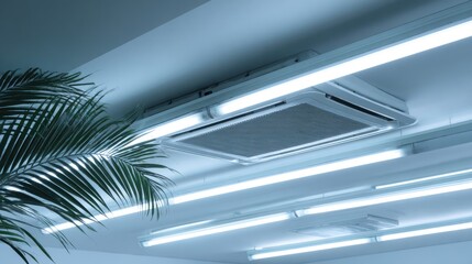 Obraz premium Fluorescent lighting fixtures and air conditioning unit on a pale-blue ceiling.