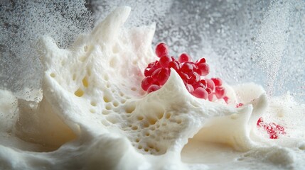 Dramatic Presentation of Red Berries Enrobed in Expansive White Foam Structure