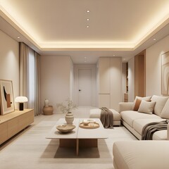 Fototapeta premium Modern Living Room Interior Design with Neutral Colors and Minimalist Decor Featuring a Sectional Sofa and Coffee Table