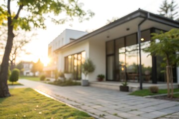 Modern Home Exterior with Beautiful Landscape at Sunset, Soft Focus on Architecture and Nature
