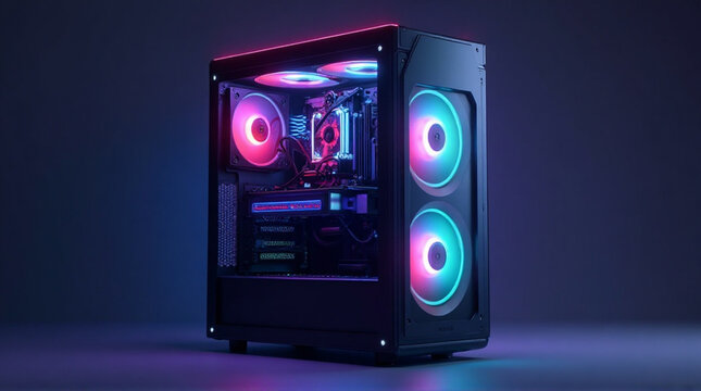 High performance gaming computer tower displaying vibrant LED fans and internal components against a dark background.