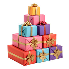 Stack of colorful gift boxes with ribbons isolated on white background